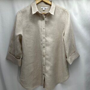 Chicos Women's Beige Linen Button-Up Shirt Size 14 With 3/4 Sleeves & Collared N
